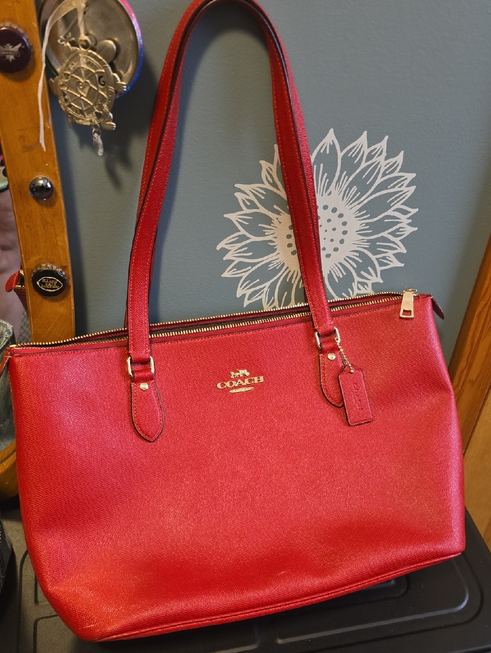 Coach Red Leather Tote with Gold Hardware